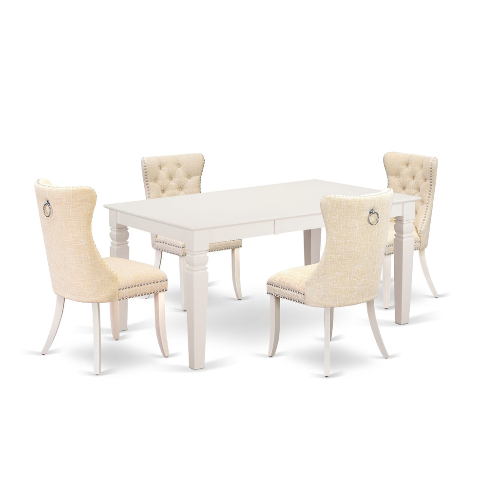 East West Furniture WEDA5-WHI-32 5 Piece Dinette Set Includes a Rectangle Wooden Table with Butterfly Leaf and 4 Upholstered Chairs, 42x60 Inch, linen white