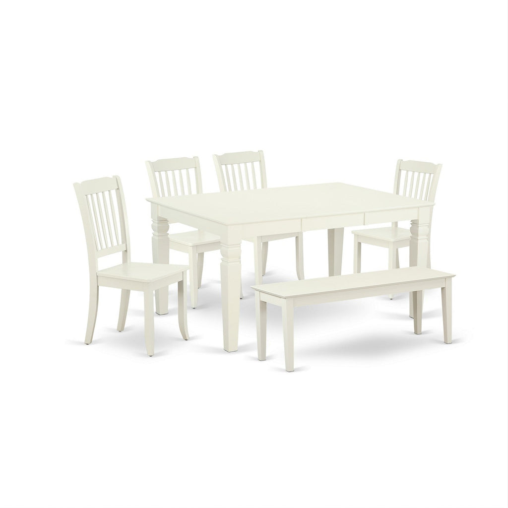 WEDA6-LWH-W 6Pc Dining Set - 42x60" Rectangular Table, 4 Dining Chairs and a Bench - Linen White Color