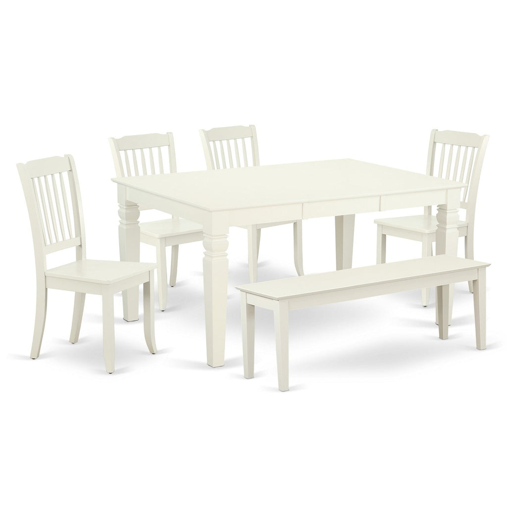 East West Furniture WEDA6C-LWH-W 6 Piece Dining Room Furniture Set Contains a Rectangle Kitchen Table with Butterfly Leaf and 4 Dining Chairs with a Bench, 42x60 Inch, Linen White