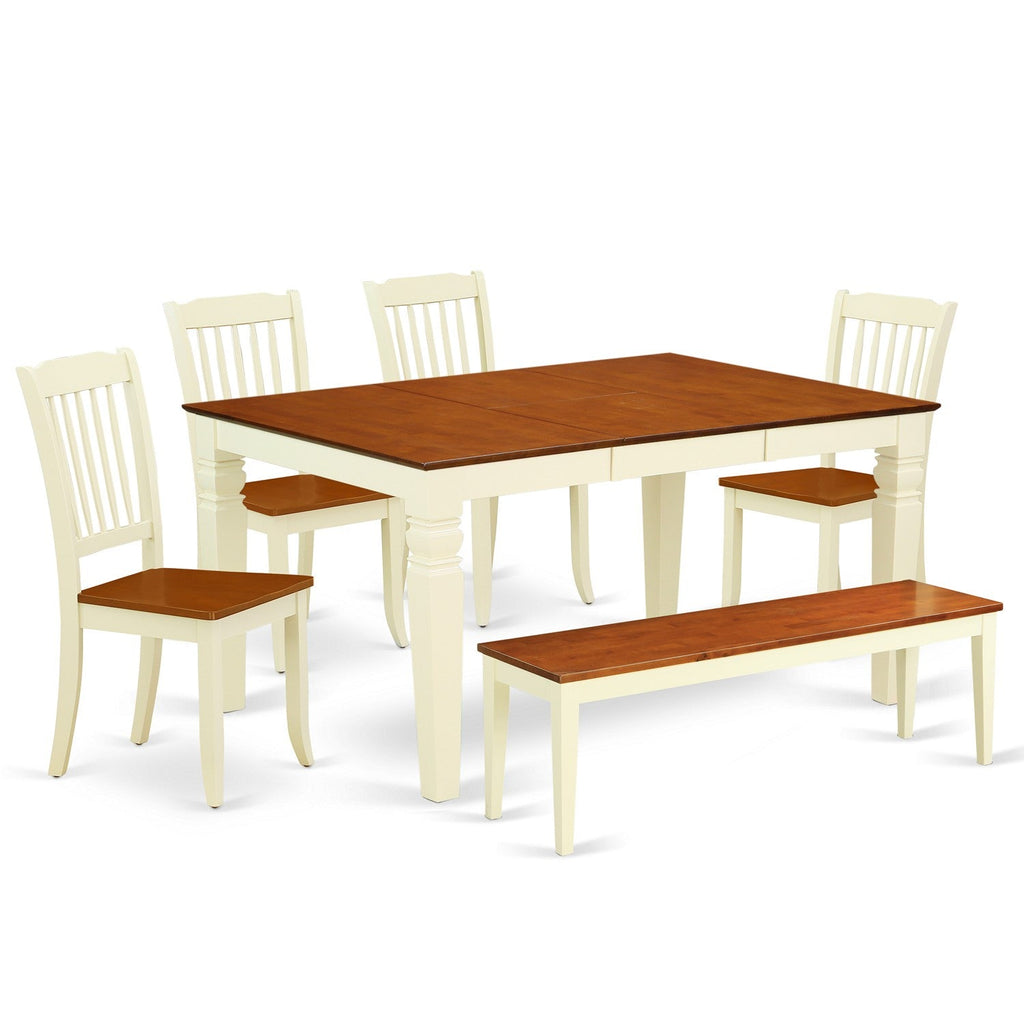 East West Furniture WEDA6N-BMK-W 6 Piece Kitchen Table Set Contains a Rectangle Dining Table with Butterfly Leaf and 4 Dining Room Chairs with a Bench, 42x60 Inch, Buttermilk & Cherry