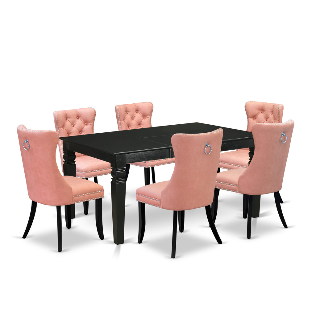 East West Furniture WEDA7-BLK-23 7 Piece Dining Set Includes a Rectangle Kitchen Table with Butterfly Leaf and 6 Upholstered Chairs, 42x60 Inch, Black