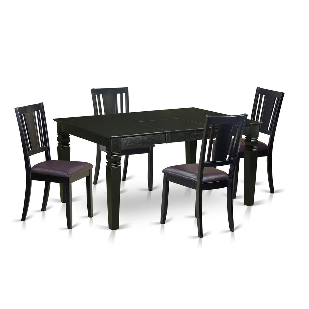East West Furniture WEDU5-BLK-LC 5 Piece Dinette Set for 4 Includes a Rectangle Dining Table with Butterfly Leaf and 4 Faux Leather Dining Room Chairs, 42x60 Inch, Black