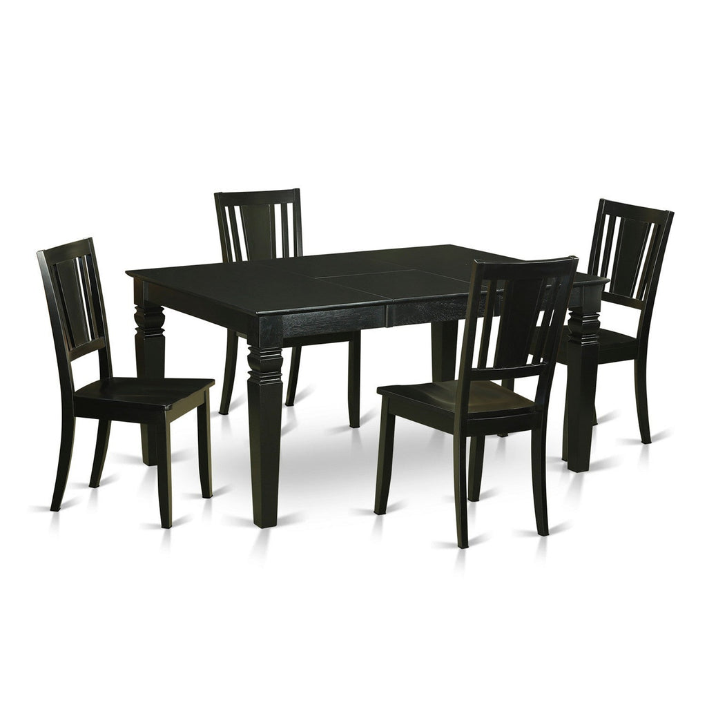 East West Furniture WEDU5-BLK-W 5 Piece Dining Room Furniture Set Includes a Rectangle Kitchen Table with Butterfly Leaf and 4 Dining Chairs, 42x60 Inch, Black