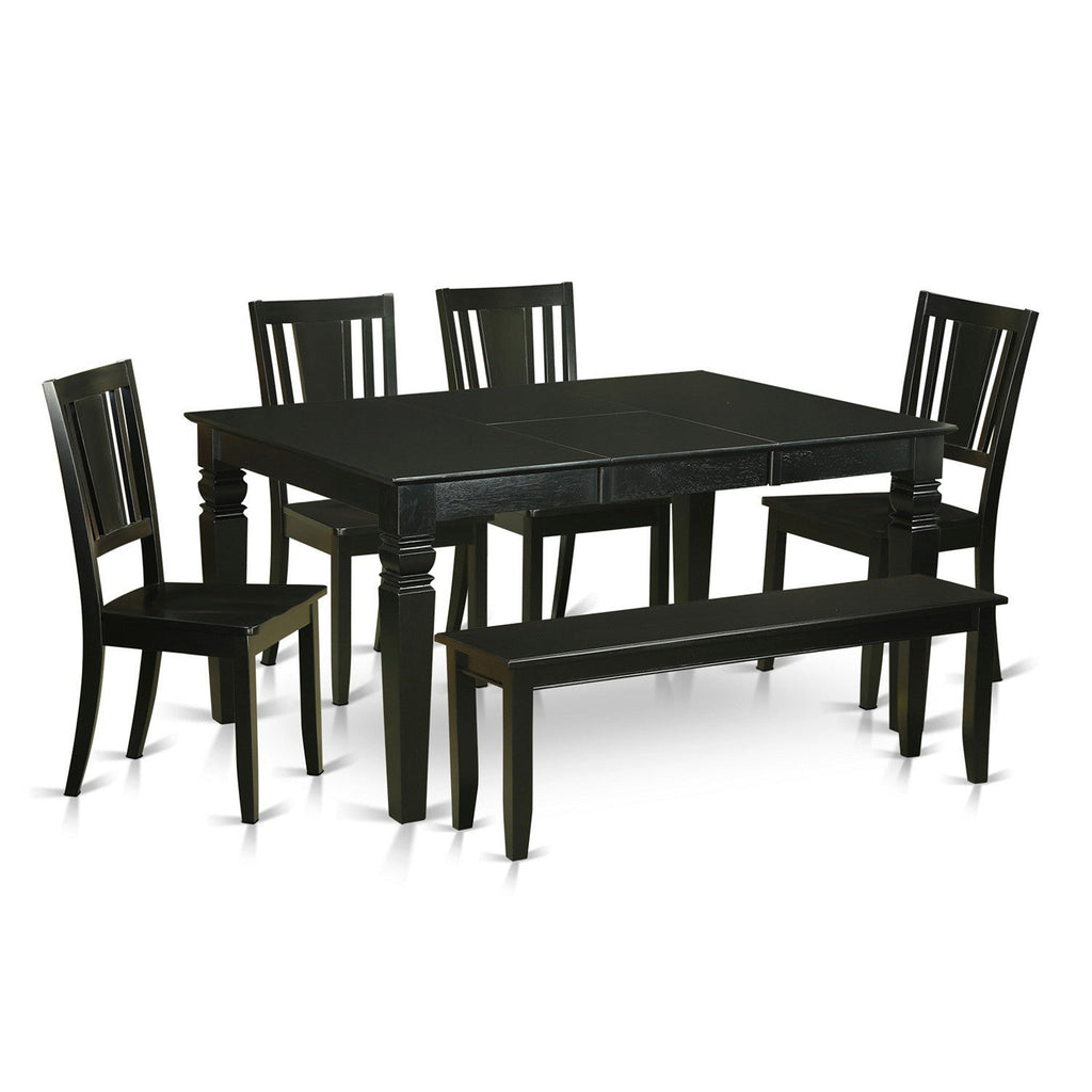 East West Furniture WEDU6D-BLK-W 6 Piece Dining Table Set Contains a Rectangle Wooden Table with Butterfly Leaf and 4 Dining Room Chairs with a Bench, 42x60 Inch, Black