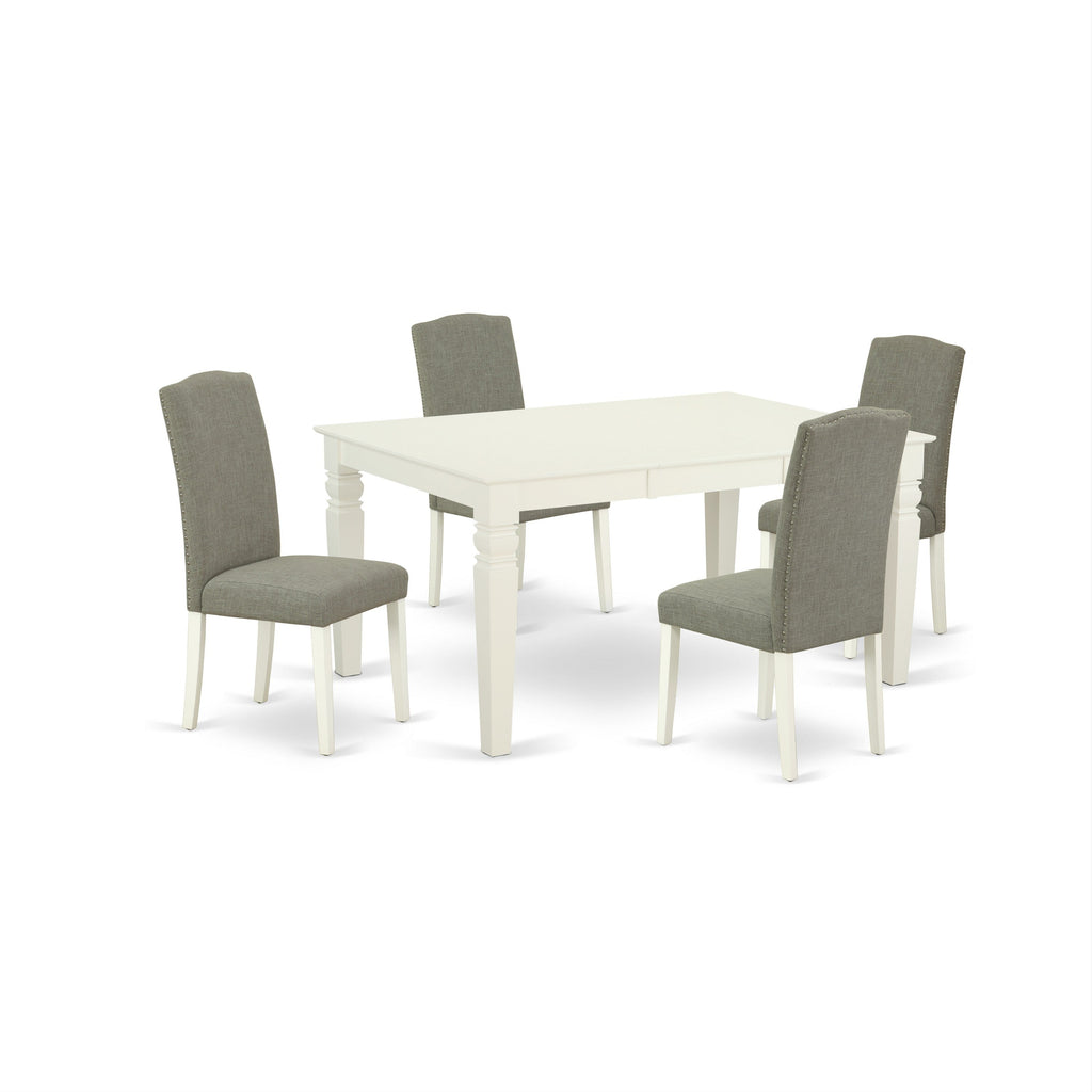 East West Furniture WEEN5-LWH-06 5 Piece Dining Room Table Set Includes a Rectangle Kitchen Table with Butterfly Leaf and 4 Dark Shitake Linen Fabric Parson Chairs, 42x60 Inch, Linen White