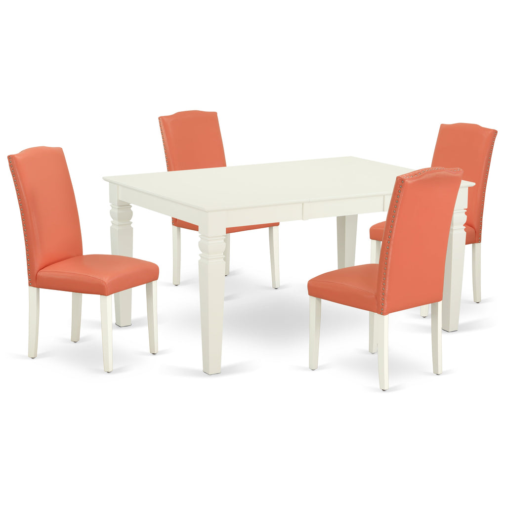East West Furniture WEEN5-LWH-78 5 Piece Dining Table Set Includes a Rectangle Dining Room Table with Butterfly Leaf and 4 Pink Flamingo Faux Leather Parson Chairs, 42x60 Inch, Linen White