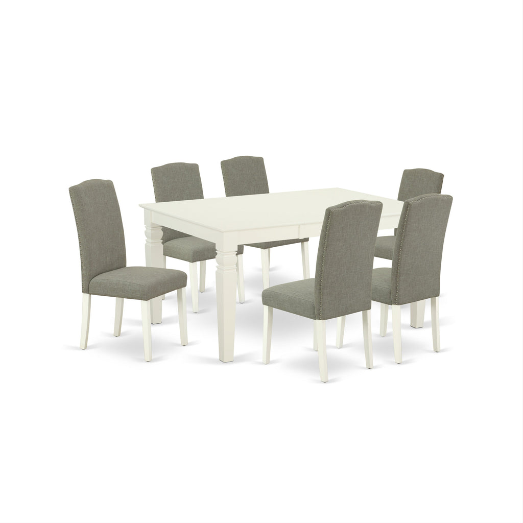 East West Furniture WEEN7-LWH-06 7 Piece Dining Set Consist of a Rectangle Dining Table with Butterfly Leaf and 6 Dark Shitake Linen Fabric Upholstered Chairs, 42x60 Inch, Linen White