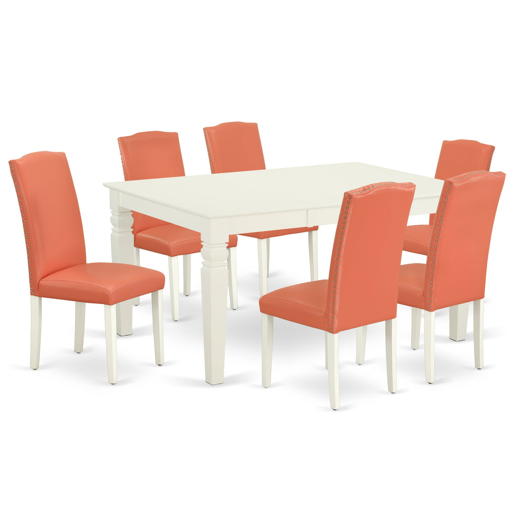 East West Furniture WEEN7-LWH-78 7 Piece Kitchen Table Set Consist of a Rectangle Dining Table with Butterfly Leaf and 6 Pink Flamingo Faux Leather Parson Chairs, 42x60 Inch, Linen White