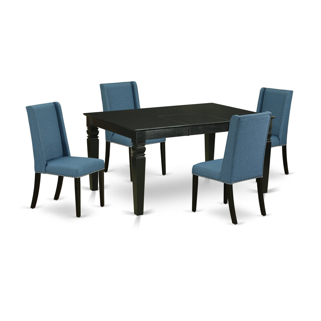 East West Furniture WEFL5-BLK-21 5 Piece Dining Table Set for 4 Includes a Rectangle Kitchen Table with Butterfly Leaf and 4 Blue Linen Fabric Upholstered Chairs, 42x60 Inch, Black