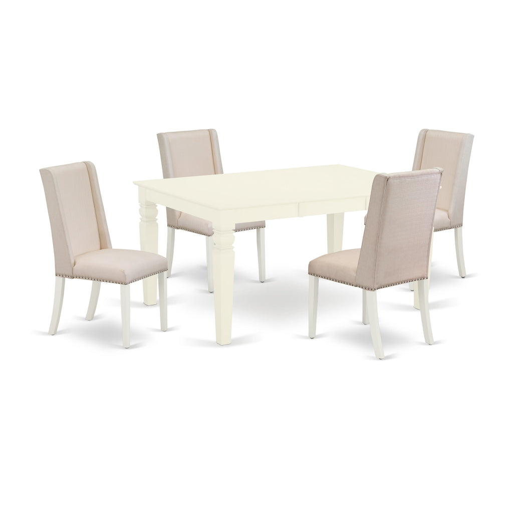East West Furniture WEFL5-WHI-01 5 Piece Modern Dining Table Set Includes a Rectangle Wooden Table with Butterfly Leaf and 4 Cream Linen Fabric Parson Dining Chairs, 42x60 Inch, Linen White