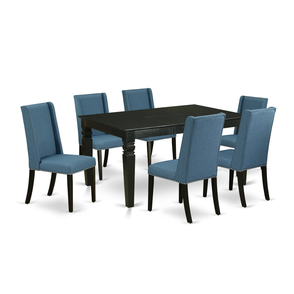 East West Furniture WEFL7-BLK-21 7 Piece Dinette Set Consist of a Rectangle Dining Table with Butterfly Leaf and 6 Blue Linen Fabric Parson Dining Room Chairs, 42x60 Inch, Black