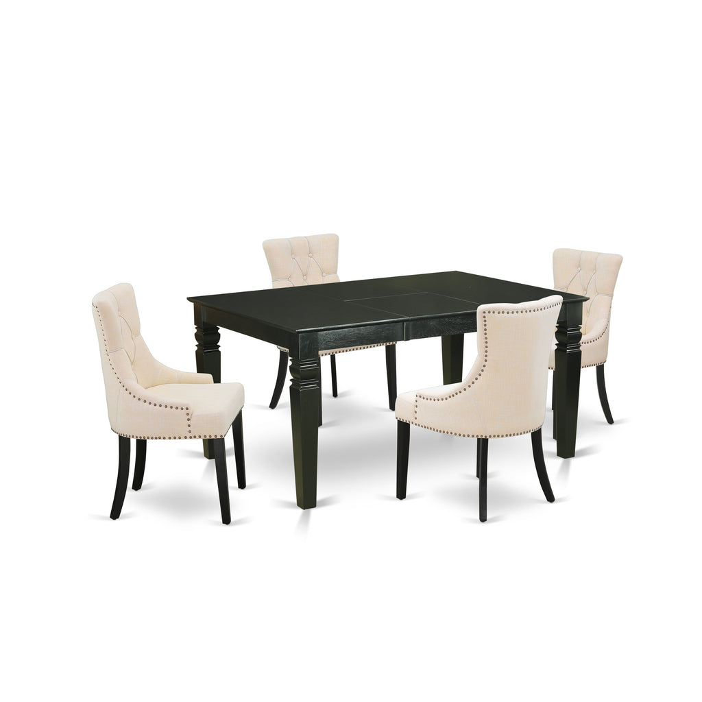 East West Furniture WEFR5-BLK-02 5 Piece Kitchen Table Set for 4 Includes a Rectangle Dining Table with Butterfly Leaf and 4 Light Beige Linen Fabric Parson Chairs, 42x60 Inch, Black