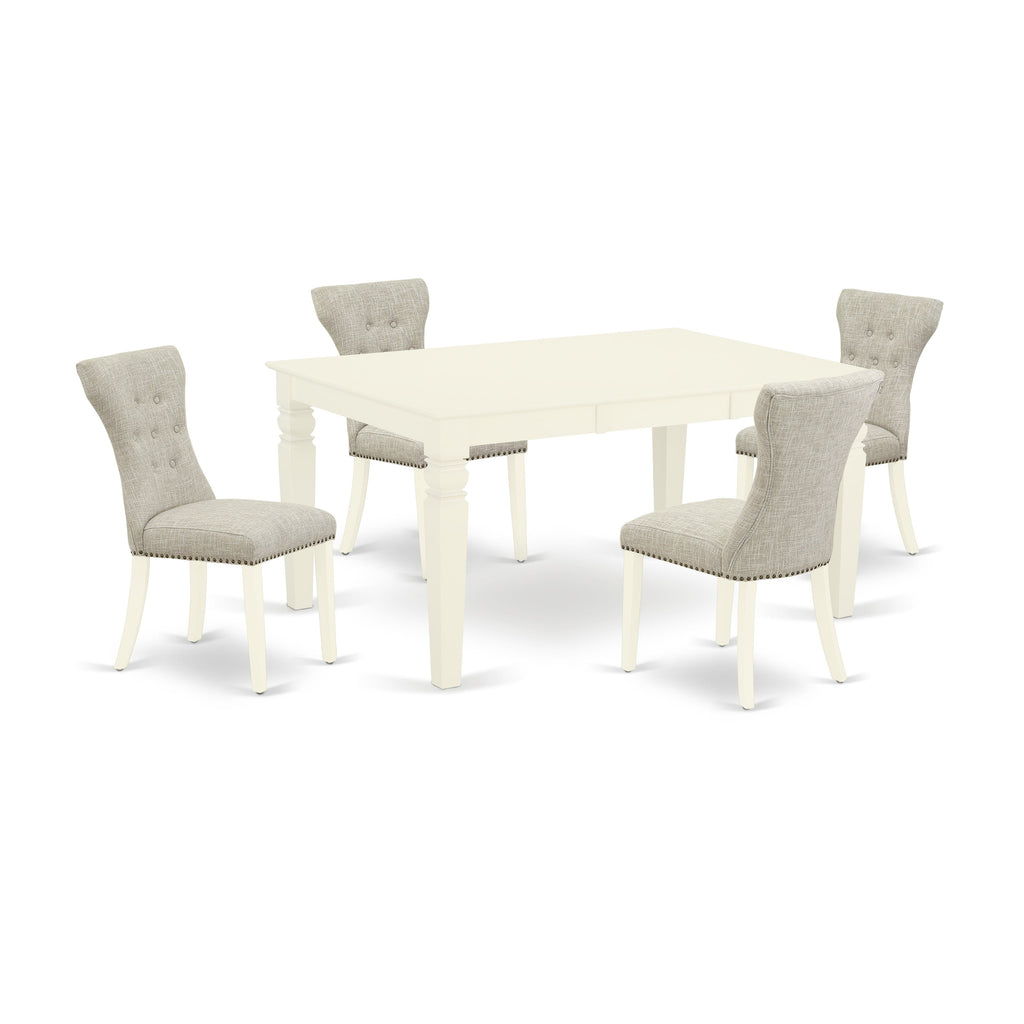 East West Furniture WEGA5-WHI-35 5 Piece Dining Set Includes a Rectangle Dining Room Table with Butterfly Leaf and 4 Doeskin Linen Fabric Upholstered Parson Chairs, 42x60 Inch, Linen White