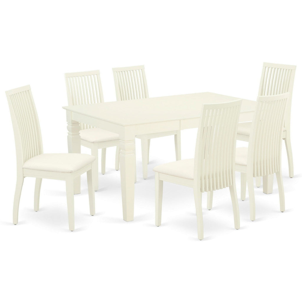 WEIP7-WHI-C 7Pc Dining Set - 42x60" Rectangular Table and 6 Dining Chairs - Linen White Color