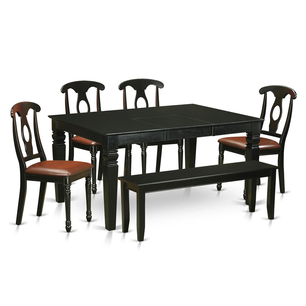 East West Furniture WEKE6D-BLK-LC 6 Piece Dining Table Set Contains a Rectangle Dining Room Table with Butterfly Leaf and 4 Faux Leather Upholstered Chairs with a Bench, 42x60 Inch, Black