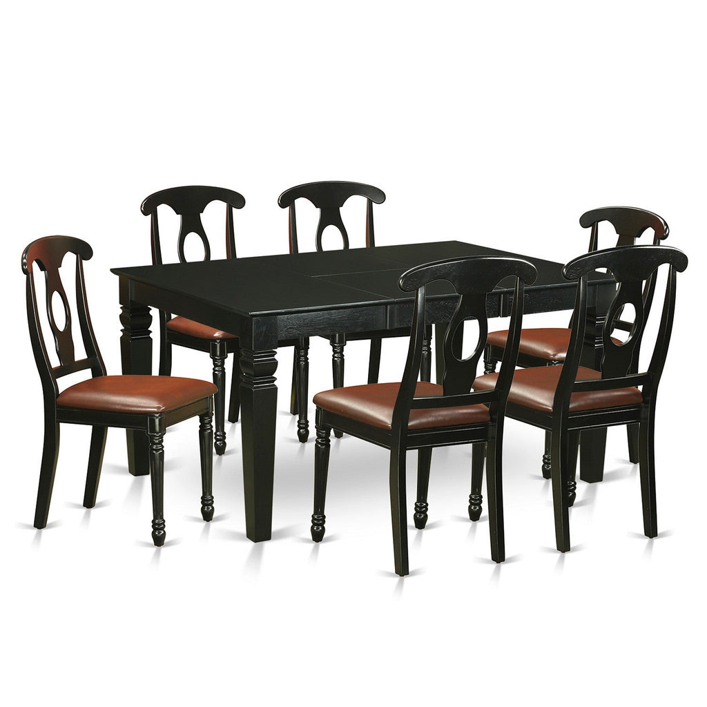 East West Furniture WEKE7-BLK-LC 7 Piece Dining Room Table Set Consist of a Rectangle Kitchen Table with Butterfly Leaf and 6 Faux Leather Upholstered Chairs, 42x60 Inch, Black