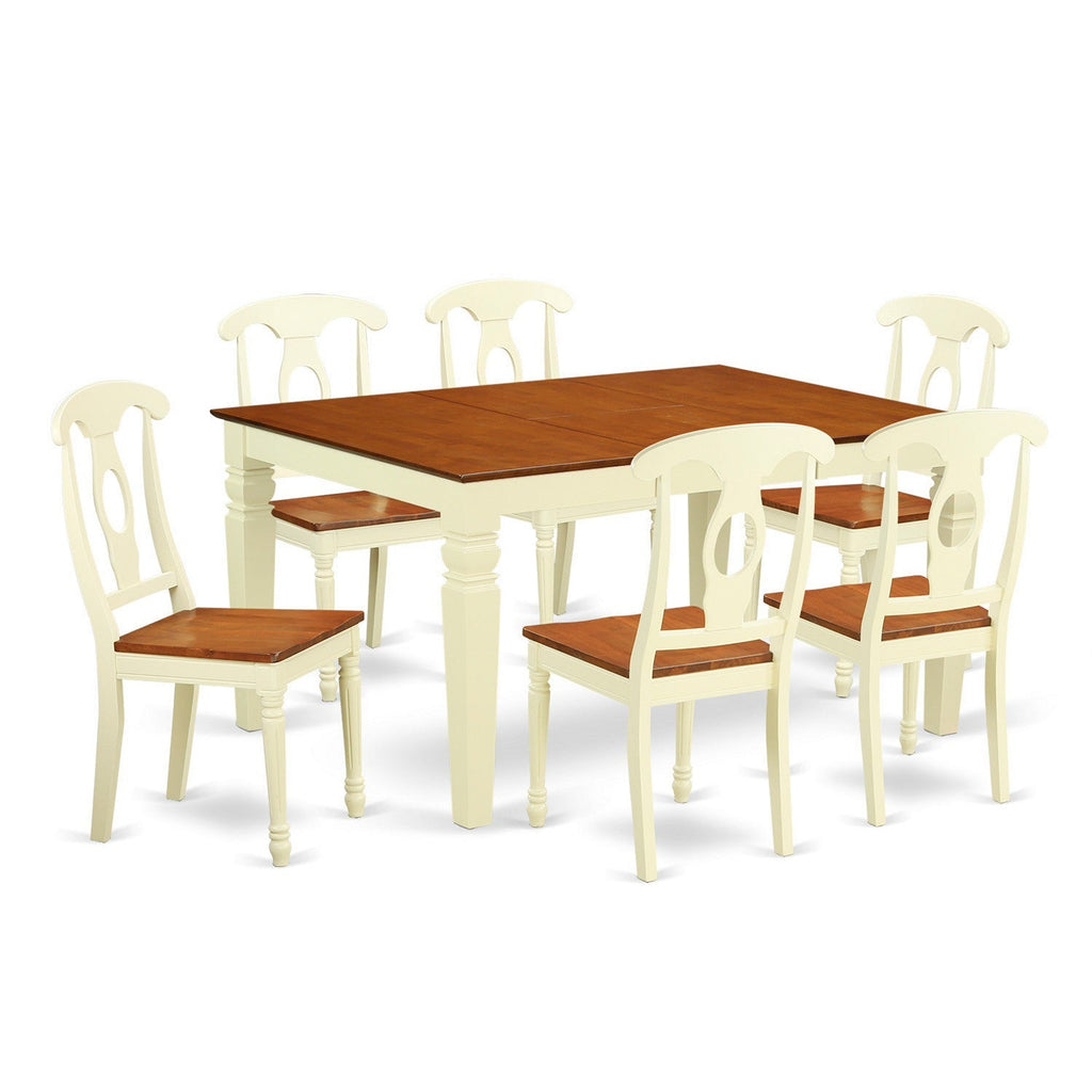 East West Furniture WEKE7-BMK-W 7 Piece Dining Room Table Set Consist of a Rectangle Wooden Table with Butterfly Leaf and 6 Kitchen Dining Chairs, 42x60 Inch, Buttermilk & Cherry