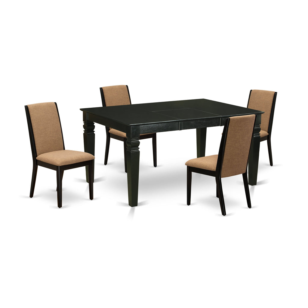 East West Furniture WELA5-BLK-47 5 Piece Dining Set Includes a Rectangle Dining Room Table with Butterfly Leaf and 4 Light Sable Linen Fabric Upholstered Chairs, 42x60 Inch, Black