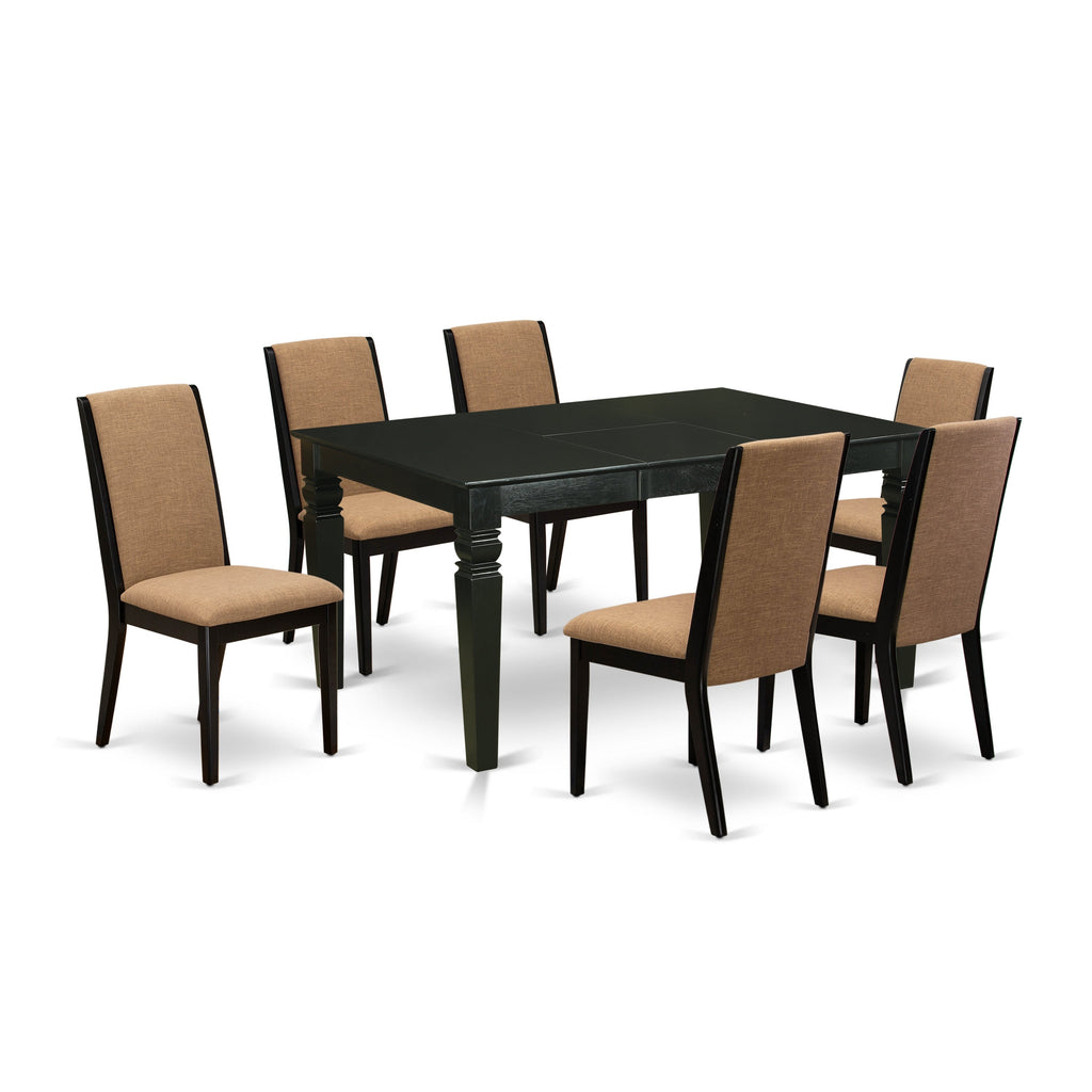 East West Furniture WELA7-BLK-47 7 Piece Dining Table Set Consist of a Rectangle Kitchen Table with Butterfly Leaf and 6 Light Sable Linen Fabric Upholstered Chairs, 42x60 Inch, Black