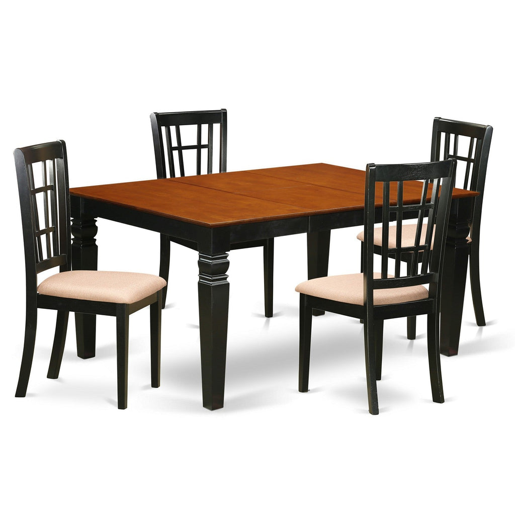 East West Furniture WENI5-BCH-C 5 Piece Dining Set Includes a Rectangle Dining Room Table with Butterfly Leaf and 4 Linen Fabric Upholstered Kitchen Chairs, 42x60 Inch, Black & Cherry