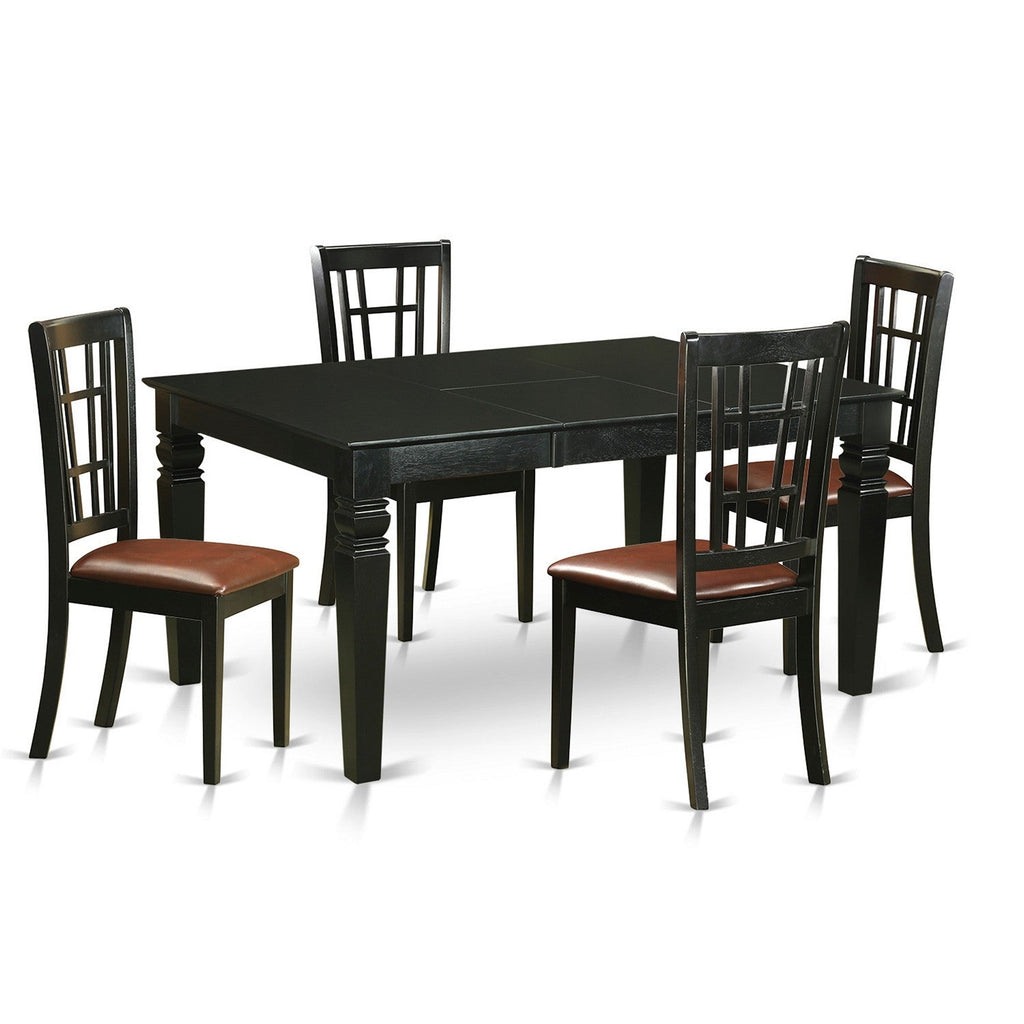 East West Furniture WENI5-BLK-LC 5 Piece Dinette Set Includes a Rectangle Dining Room Table with Butterfly Leaf and 4 Faux Leather Upholstered Dining Chairs, 42x60 Inch, Black