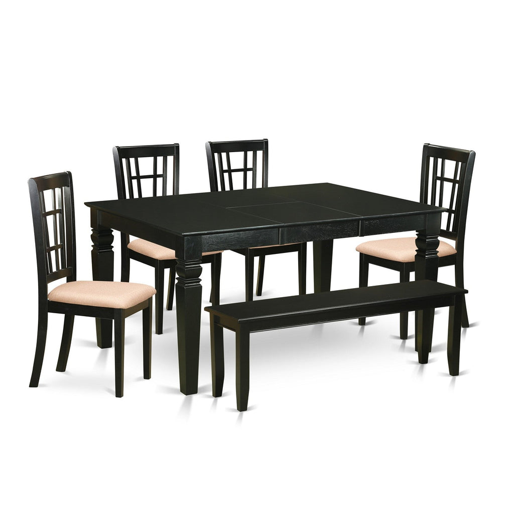 East West Furniture WENI6D-BLK-C 6 Piece Kitchen Table Set Contains a Rectangle Dining Table with Butterfly Leaf and 4 Linen Fabric Dining Chairs with a Bench, 42x60 Inch, Black