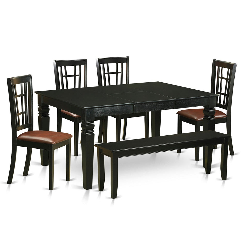 East West Furniture WENI6D-BLK-LC 6 Piece Dining Room Table Set Contains a Rectangle Kitchen Table with Butterfly Leaf and 4 Faux Leather Dining Chairs with a Bench, 42x60 Inch, Black