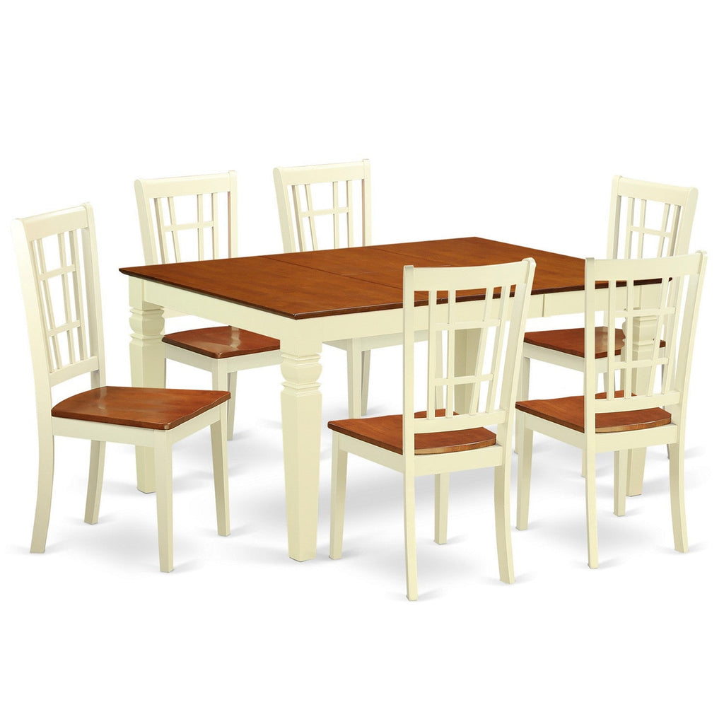 East West Furniture WENI7-BMK-W 7 Piece Kitchen Table & Chairs Set Consist of a Rectangle Dining Room Table with Butterfly Leaf and 6 Dining Chairs, 42x60 Inch, Buttermilk & Cherry
