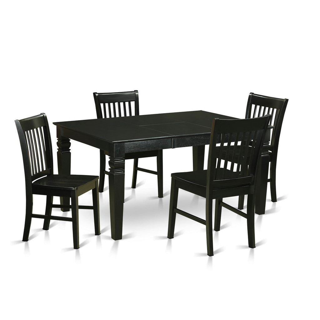 East West Furniture WENO5-BLK-W 5 Piece Kitchen Table Set for 4 Includes a Rectangle Dining Room Table with Butterfly Leaf and 4 Solid Wood Seat Chairs, 42x60 Inch, Black
