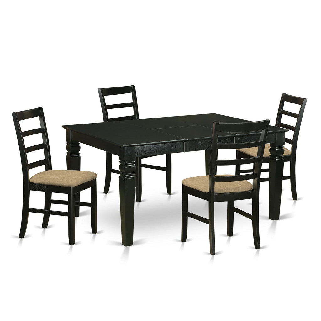 East West Furniture WEPF5-BLK-C 5 Piece Dining Room Furniture Set Includes a Rectangle Kitchen Table with Butterfly Leaf and 4 Linen Fabric Upholstered Chairs, 42x60 Inch, Black