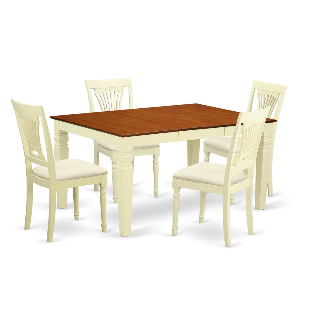 East West Furniture WEPL5-BMK-C 5 Piece Kitchen Table Set for 4 Includes a Rectangle Dining Room Table with Butterfly Leaf and 4 Linen Fabric Upholstered Chairs, 42x60 Inch, Buttermilk & Cherry