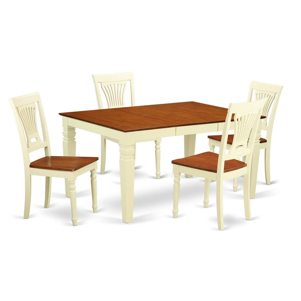 East West Furniture WEPL5-BMK-W 5 Piece Kitchen Table Set for 4 Includes a Rectangle Dining Room Table with Butterfly Leaf and 4 Solid Wood Seat Chairs, 42x60 Inch, Buttermilk & Cherry