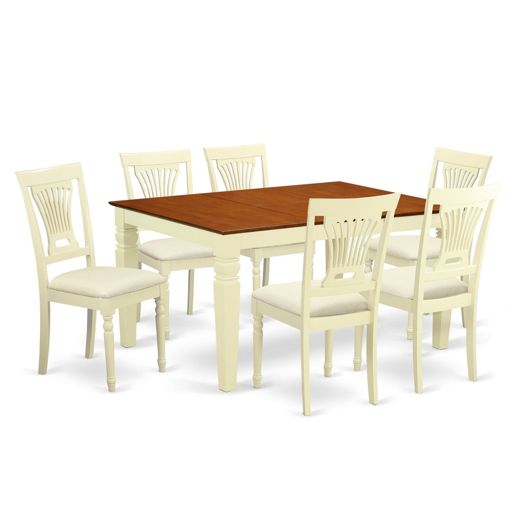East West Furniture WEPL7-BMK-C 7 Piece Dining Room Table Set Consist of a Rectangle Kitchen Table with Butterfly Leaf and 6 Linen Fabric Upholstered Chairs, 42x60 Inch, Buttermilk & Cherry