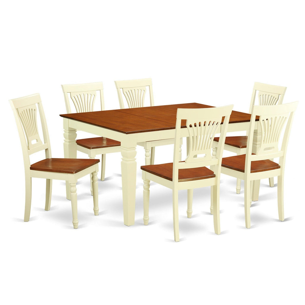East West Furniture WEPL7-BMK-W 7 Piece Dining Table Set Consist of a Rectangle Dinner Table with Butterfly Leaf and 6 Dining Room Chairs, 42x60 Inch, Buttermilk & Cherry