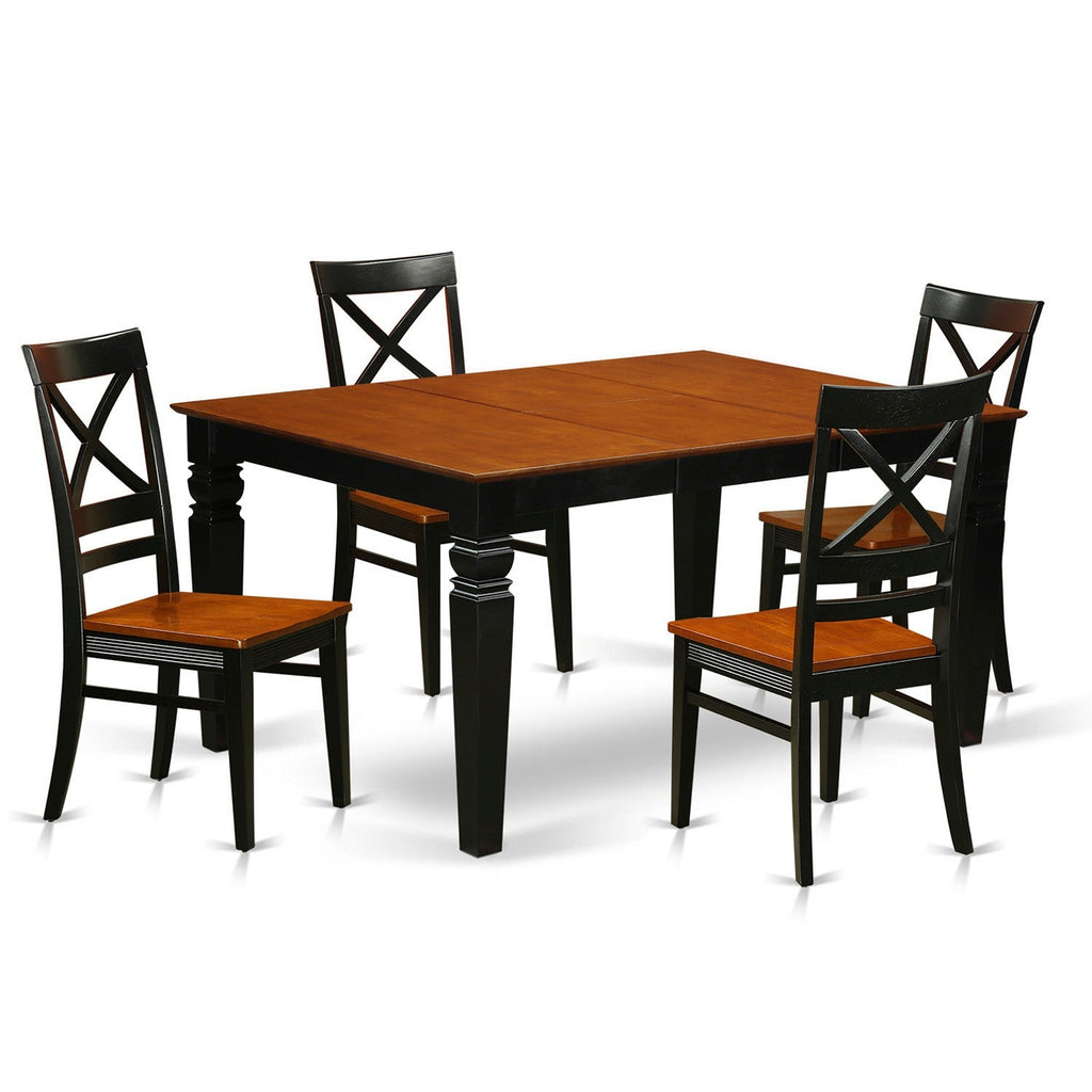 East West Furniture WEQU5-BCH-W 5 Piece Kitchen Table & Chairs Set Includes a Rectangle Dining Room Table with Butterfly Leaf and 4 Solid Wood Seat Chairs, 42x60 Inch, Black & Cherry