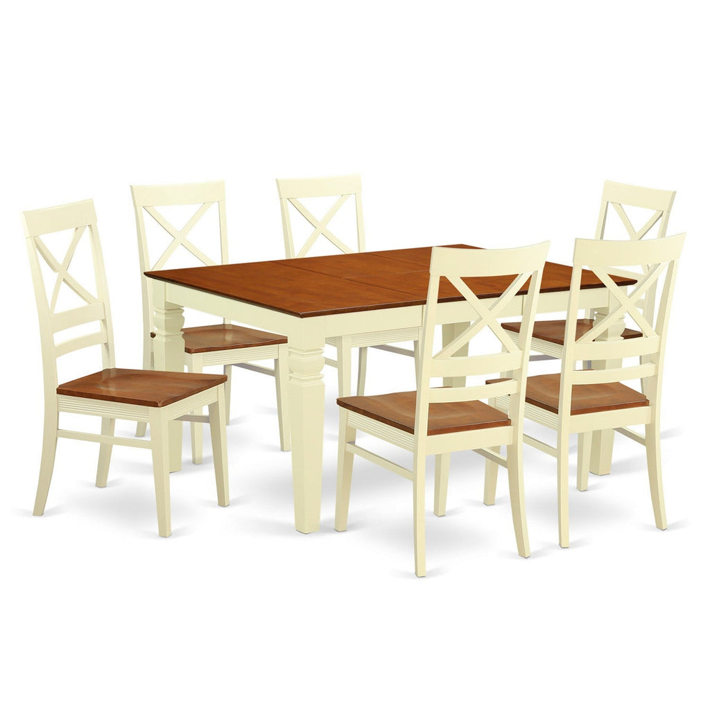 East West Furniture WEQU7-BMK-W 7 Piece Kitchen Table Set Consist of a Rectangle Dining Table with Butterfly Leaf and 6 Dining Room Chairs, 42x60 Inch, Buttermilk & Cherry