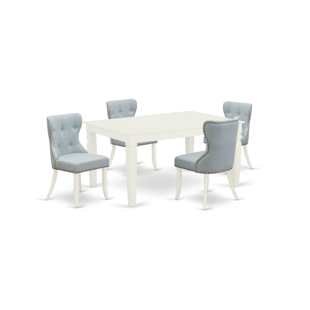 East West Furniture WESI5-WHI-15 5 Piece Dining Room Table Set Includes a Rectangle Wooden Table with Butterfly Leaf and 4 Baby Blue Linen Fabric Upholstered Chairs, 42x60 Inch, Linen White