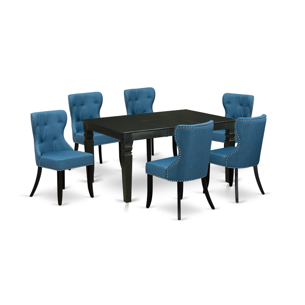 East West Furniture WESI7-BLK-21 7 Piece Kitchen Table Set Consist of a Rectangle Dining Table with Butterfly Leaf and 6 Blue Linen Fabric Parson Dining Chairs, 42x60 Inch, Black