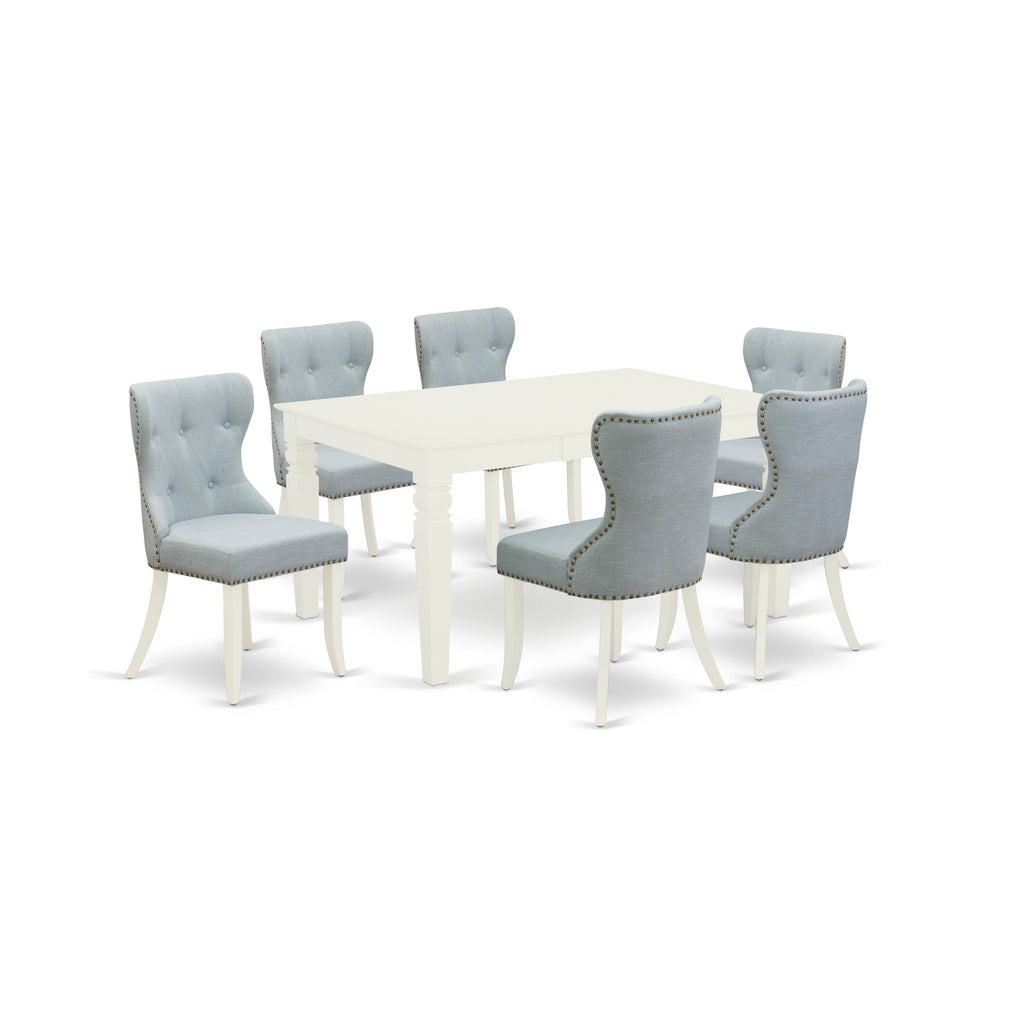 East West Furniture WESI7-WHI-15 7 Piece Dinette Set Consist of a Rectangle Dining Room Table with Butterfly Leaf and 6 Baby Blue Linen Fabric Upholstered Chairs, 42x60 Inch, Linen White