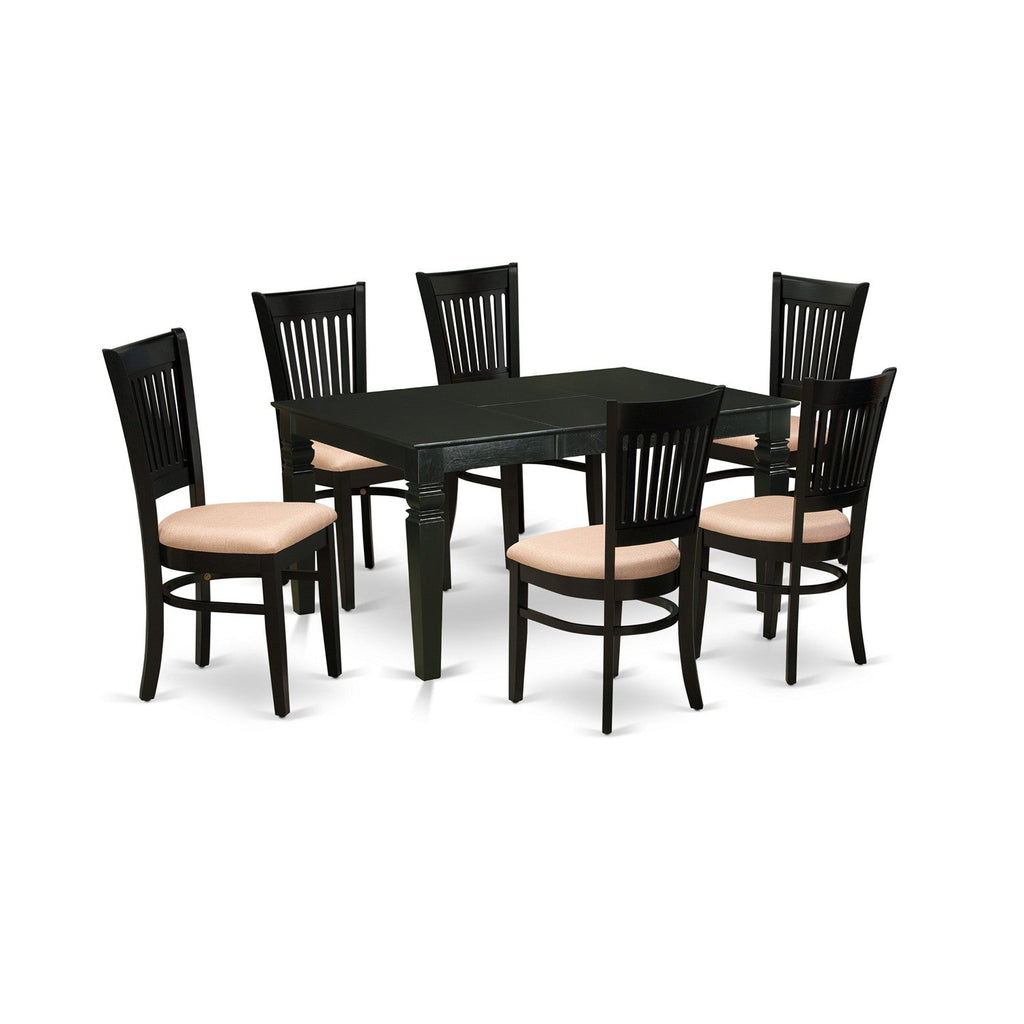East West Furniture WEVA7-BLK-C 7 Piece Dining Room Table Set Consist of a Rectangle Kitchen Table with Butterfly Leaf and 6 Linen Fabric Upholstered Chairs, 42x60 Inch, Black