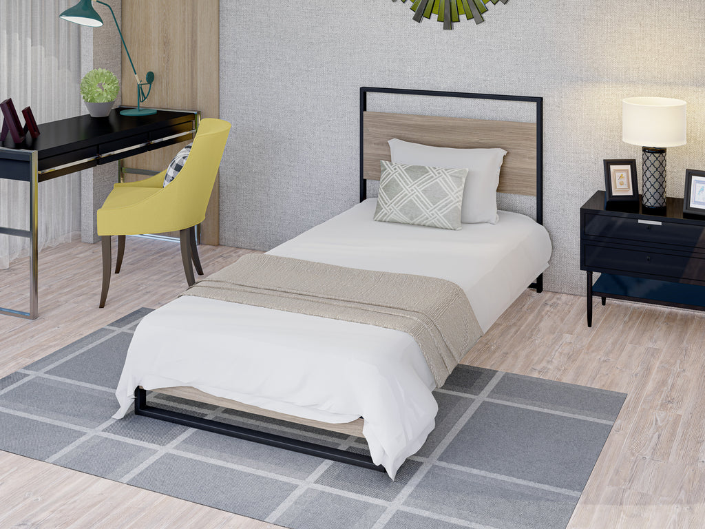 East West Furniture WITBB03 Wilson metal platform bed with 4 Metal Legs - Lavish Bed in Powder Coating Black Color and Weathered Wood Laminate