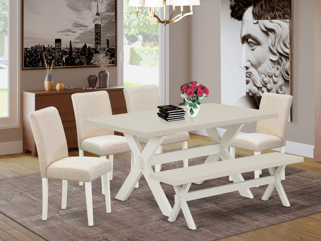 East West Furniture X026AB202-6 6-Piece Dinette Table Set-Light Beige Linen Fabric Seat and Stylish Chair Back Kitchen chairs, a Rectangular Bench and Rectangular Top Dining room Table with Solid Wood Legs - Linen White and Linen White Finish