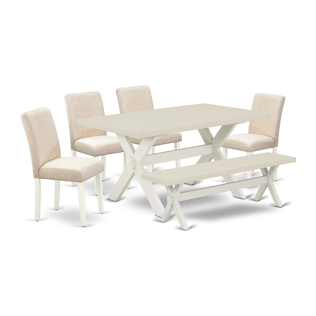 East West Furniture X026AB202-6 6-Piece Dinette Table Set-Light Beige Linen Fabric Seat and Stylish Chair Back Kitchen chairs, a Rectangular Bench and Rectangular Top Dining room Table with Solid Wood Legs - Linen White and Linen White Finish