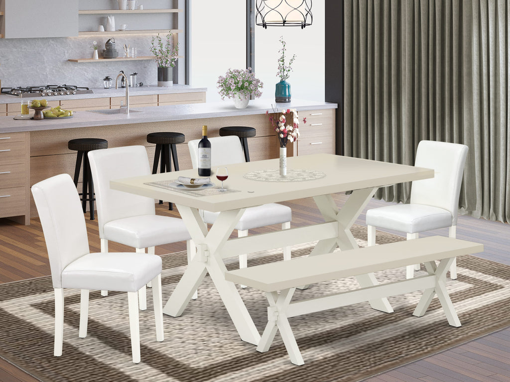 East West Furniture X026AB264-6 6 Piece Dining Table Set Contains a Rectangle Dining Room Table with X-Legs and 4 White Faux Leather Parson Chairs with a Bench, 36x60 Inch, Multi-Color