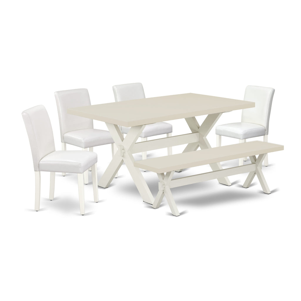 East West Furniture X026AB264-6 6 Piece Dining Table Set Contains a Rectangle Dining Room Table with X-Legs and 4 White Faux Leather Parson Chairs with a Bench, 36x60 Inch, Multi-Color