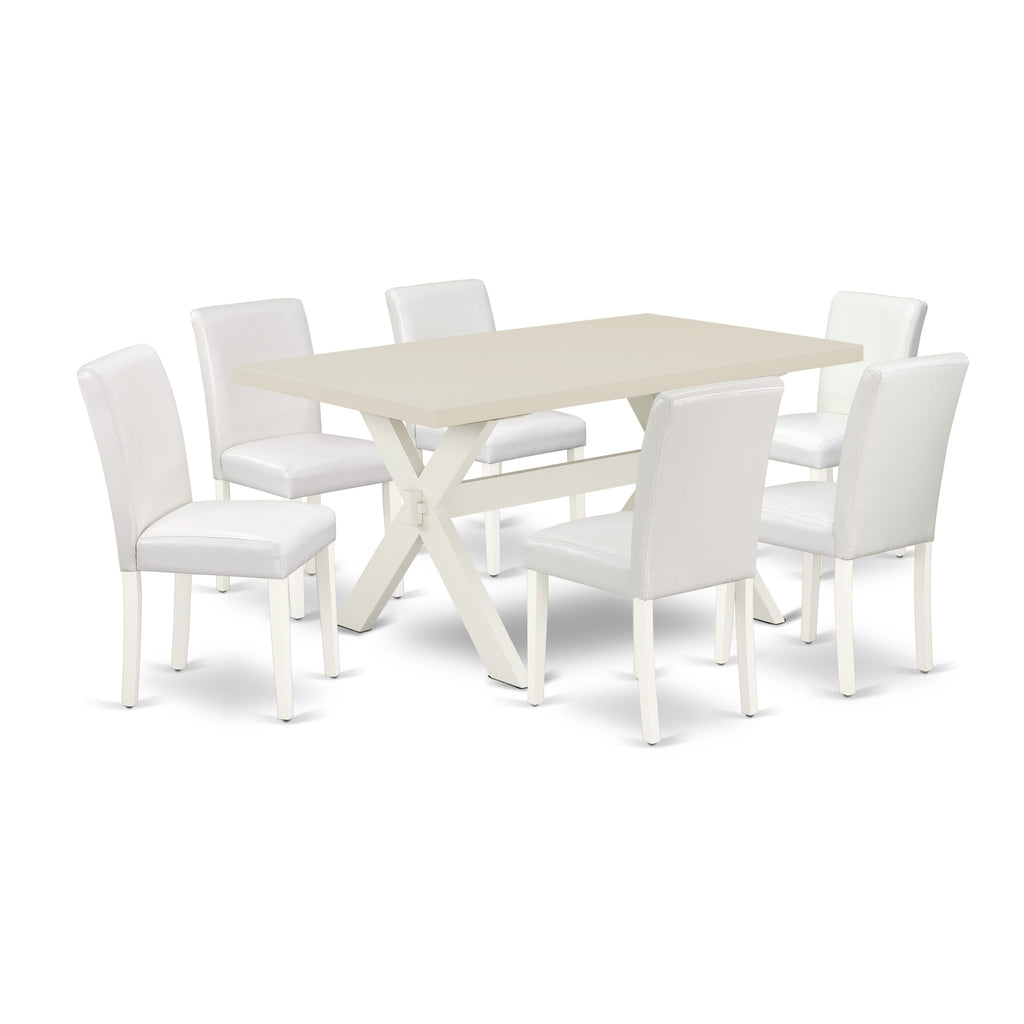 East West Furniture X026AB264-7 7 Piece Kitchen Table Set Consist of a Rectangle Dining Table with X-Legs and 6 White Faux Leather Parsons Dining Chairs, 36x60 Inch, Multi-Color