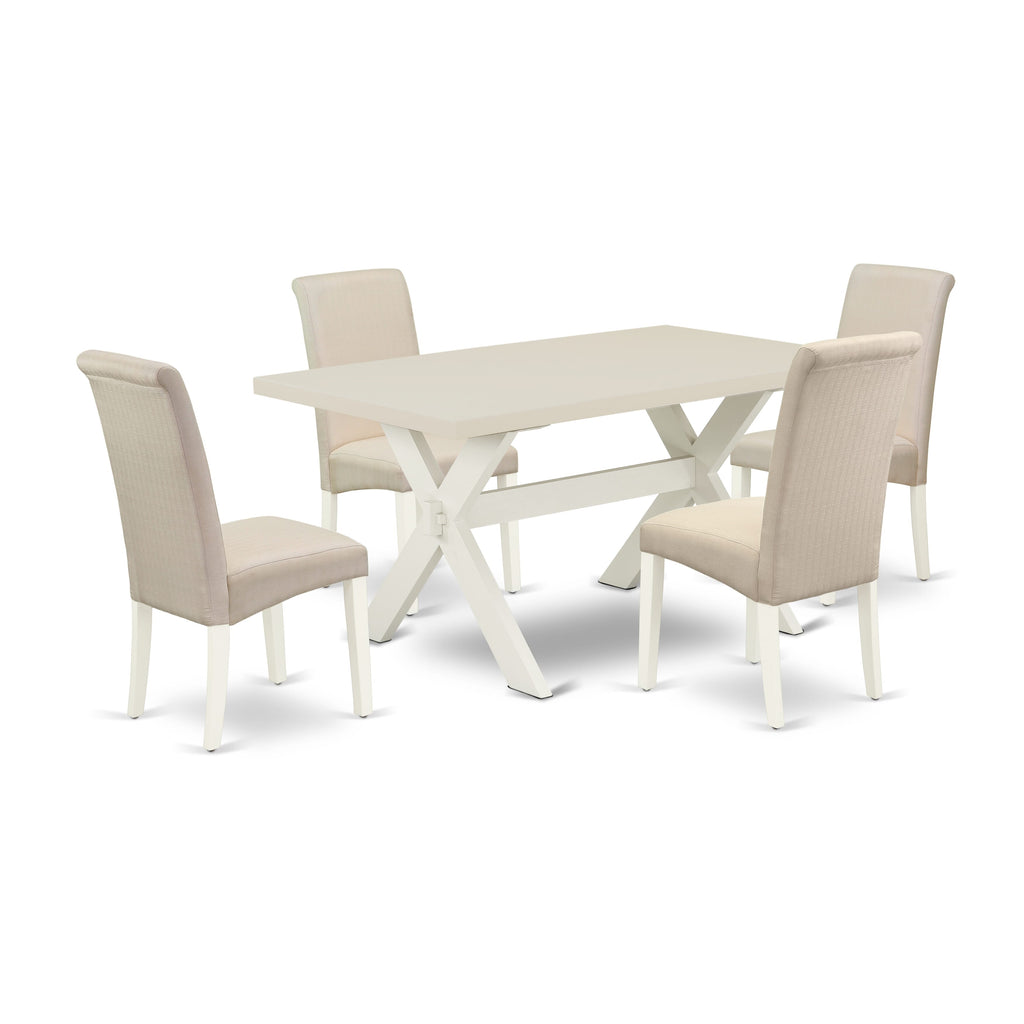 East West Furniture X026BA201-5 5 Piece Modern Dining Table Set Includes a Rectangle Wooden Table with X-Legs and 4 Cream Linen Fabric Upholstered Chairs, 36x60 Inch, Multi-Color