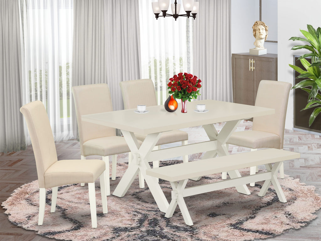 East West Furniture X026BA201-6 6-Piece Stylish Dining Room Set an Outstanding Linen White dining table Top and 5 Stunning Linen Fabric Dining Chairs with High Roll Chair Back, Linen White Finish