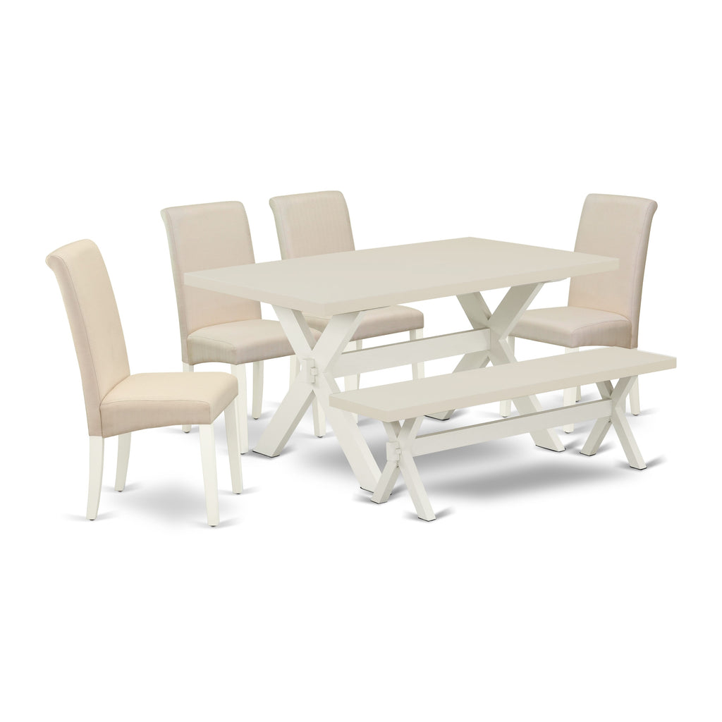 East West Furniture X026BA201-6 6 Piece Modern Dining Table Set Contains a Rectangle Wooden Table with X-Legs and 4 Cream Linen Fabric Parson Chairs with a Bench, 36x60 Inch, Multi-Color