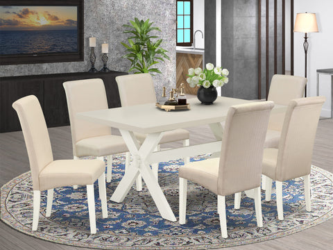 East West Furniture X026BA201-7 7 Piece Kitchen Table Set Consist of a Rectangle Dining Table with X-Legs and 6 Cream Linen Fabric Parson Dining Room Chairs, 36x60 Inch, Multi-Color